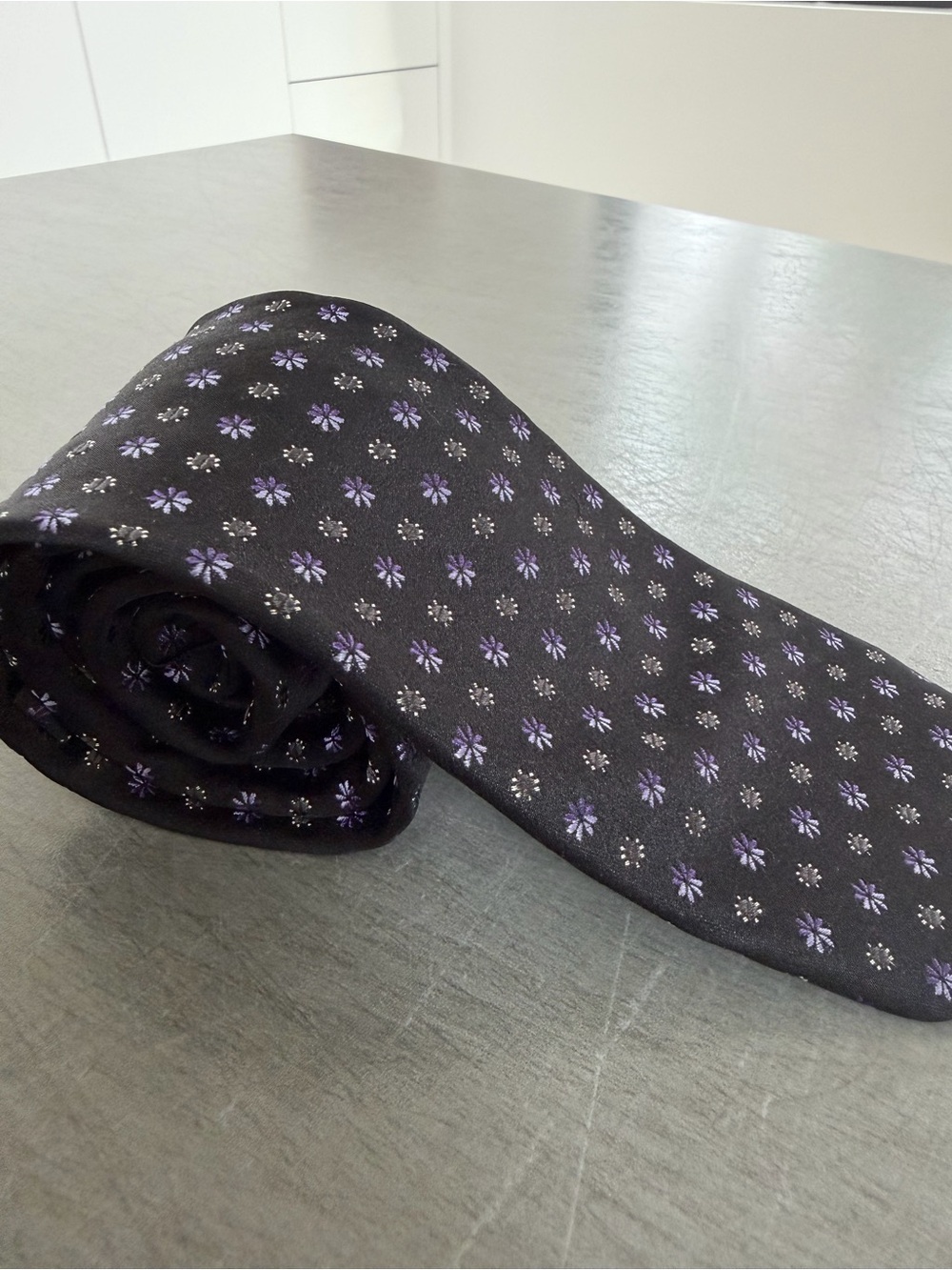 Men's Black Tie with Purple Floral Motif